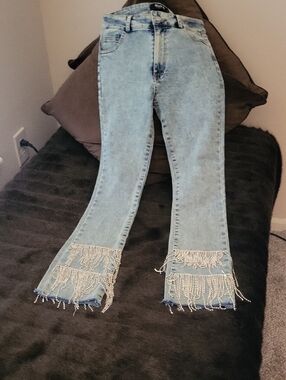 Light Blue Beaded Fringe Flare Jeans